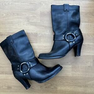 Harley-Davidson Black Leather Harness Heeled Boots Womens 7.5 Biker Moto Grunge